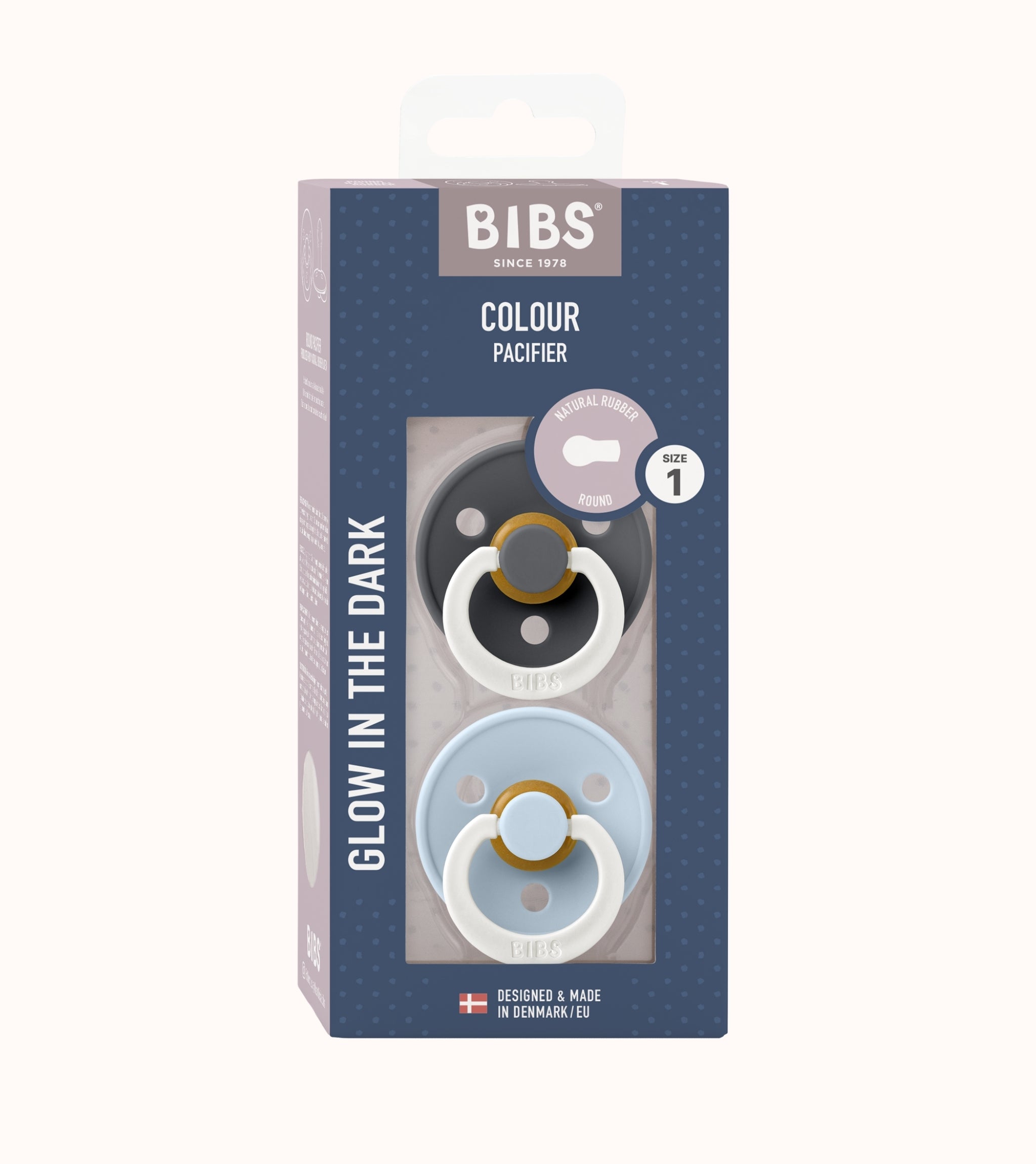 BIBS Round Glow Dummies Iron/Baby Blue