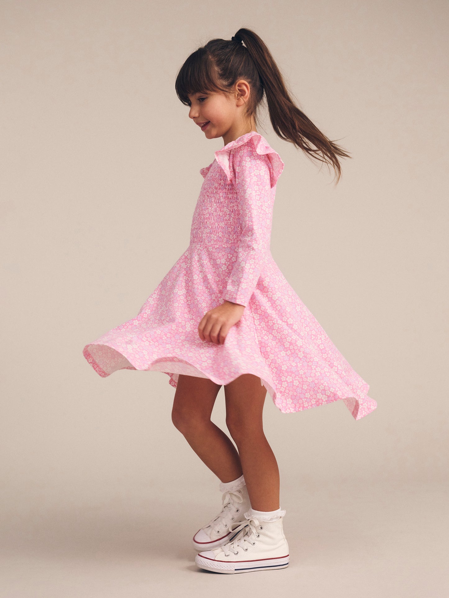 Ditsy Floral Shirred Long Sleeve Dress