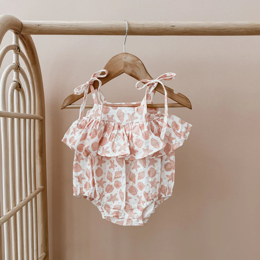 SIZE 0-3 Seashell Tie Shoulder Romper